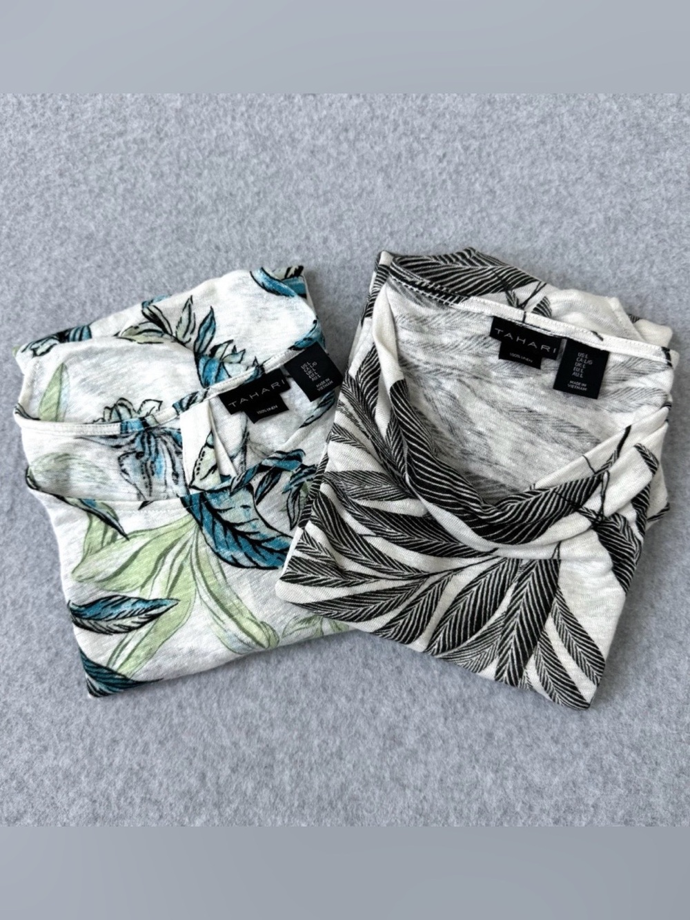 Tahari Linen Short Sleeve T-Shirt Womens Size L Blue Green Black White Lot of 2